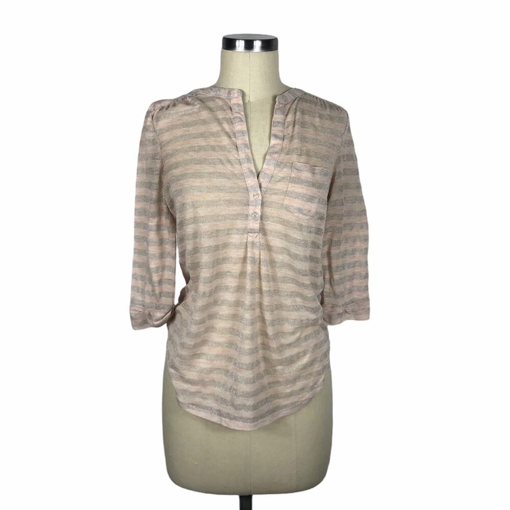 CREMIEUX Pink Silver‎ Striped Henley Top XS Chic